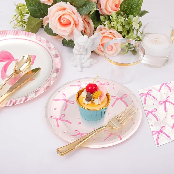 180Pcs Pink Bow Party Supplies Paper Plates and Napkins Serve 60 | Disposable - Image 4
