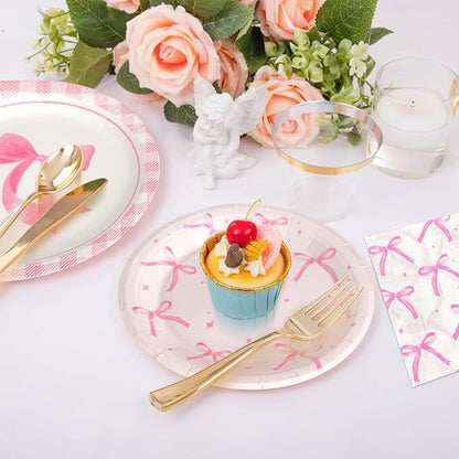 180Pcs Pink Bow Party Supplies Paper Plates and Napkins Serve 60 | Disposable - Image 4