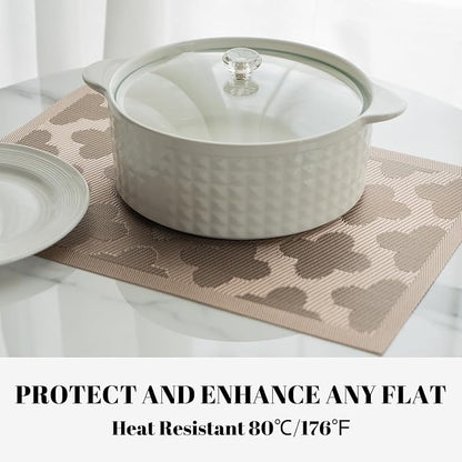 Placemats Set of 6 Vinyl/Plastic Woven Place Mats for Kitchen Table Indoor/Outdoor Washable Placemat Wipeable Dining Table Mats (Dark Brown Clover,6)