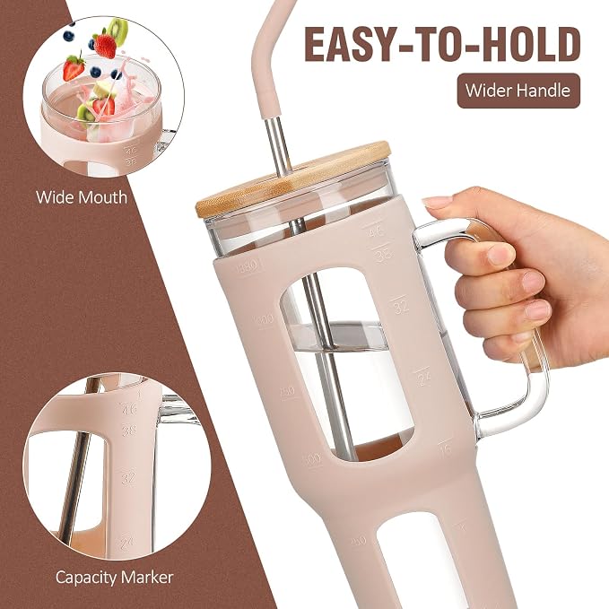 WINSA Glass Tumbler with Lid and Straw, 46 oz, Amber | Iced Coffee Cup with - Image 3