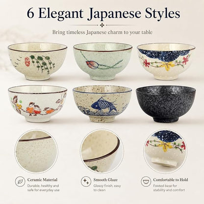 clothmile 4.5 Inch Japanese Retro Rice Bowls Set of 6 Japanese Style - Image 3