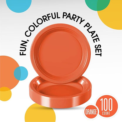 Orange Plastic Plates For Party 10" Orange Disposable Plates Heavy Duty 100 Pcs Plastic Dinnerware Sets Heavy Duty 350 GSM Disposable Dinnerware Set