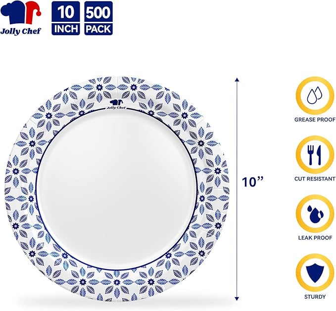 JOLLY CHEF 10 inch Disposable Paper Plates 500 Count, Soak Proof, Cut Proof, Heavy Duty Paper Plates for Thanksgiving or Everyday Use