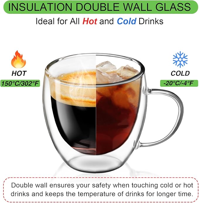 Espresso Cups Set of 4, 8.5oz Double Walled Glass Coffee Cups - Image 2