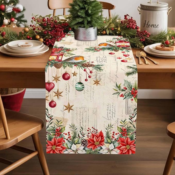 Christmas Poinsettia Table Runner 70 Inches Long, Winter Xmas Balls Birds Table - Image 2