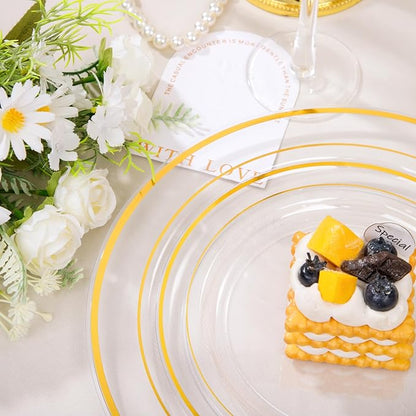 FLOWERCAT 100PCS Clear Plates with Gold Trim - Heavy Duty Clear and Gold Plastic Plate Disposable for Birthday Party/Wedding Include 50PCS 10.25inch Dinner Plates - 50PCS 7.5inch Cake Plate