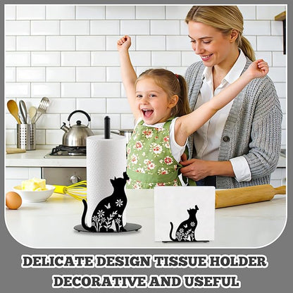 Cat Paper Towel Holder, Black Cat Countertop Kitchen Decor Indoor with Round Base, Cats Lover Gifts, Iron Kitty Napkin Holder Stand Accessories for Bathroom Kitchen Dining, 2 PCS