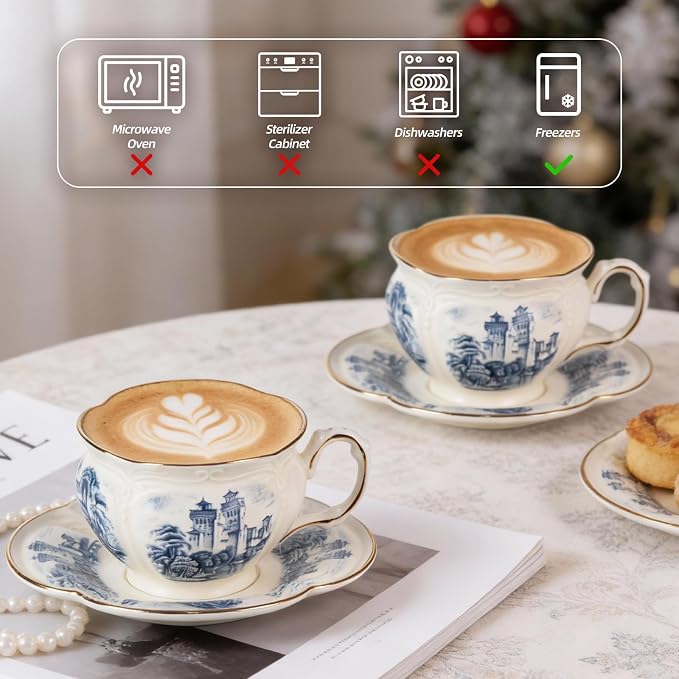 KAMMAK Tea Cups and Saucers Set of 2, 8 oz Porcelain Coffee Cups, SY001 | - Image 6