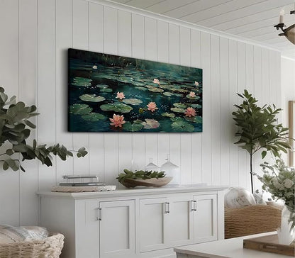 ADJUVANT Wall Art Impressionist Water Lily Pond 40" L x 20" W, Pink Lotus Flowers on Dark Blue Water Canvas Painting Nature Artwork Prints Wall Decor for Living Room Bedroom Bathroom Home Office