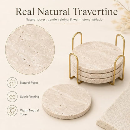 Travertine Coasters with Gold Holder, Cork Backing | Real travertine coasters - Image 2