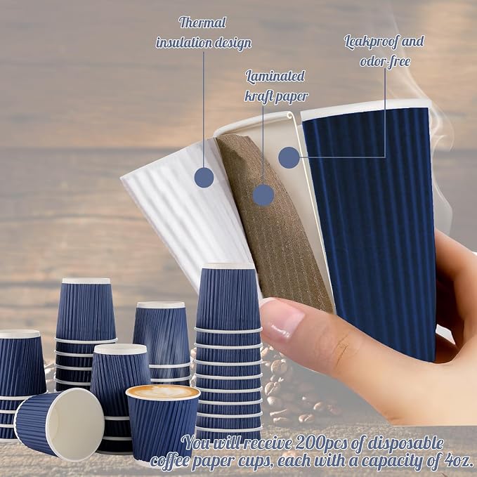 200 Pcs 4oz Paper Espresso Cups Ripple Wall Hot Cups - Image 4