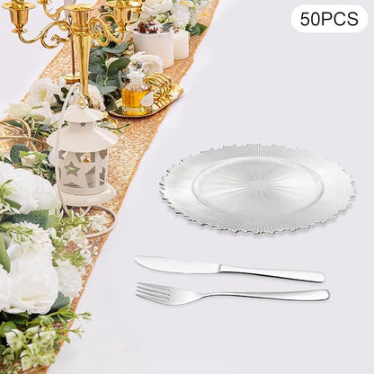50 Pcs Antique Charger Plates Bulk, 13in Reusable Serving Plates Embossed Rim Plastic Party Dinner Plate Chargers Round Decorative Server Plate for Wedding Party Event Tableware