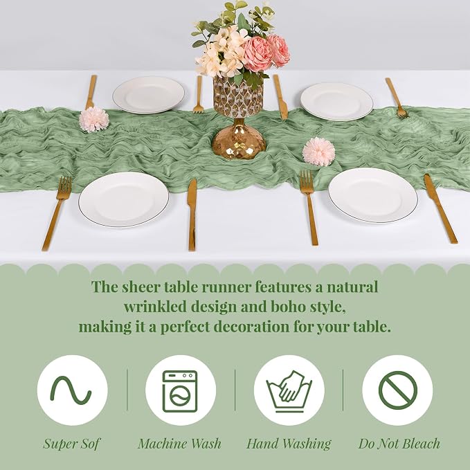 6 Pack Sage Green Cheesecloth Table Runner, 17 x 108 Inch, Gauze Cheese Cloth - Image 5