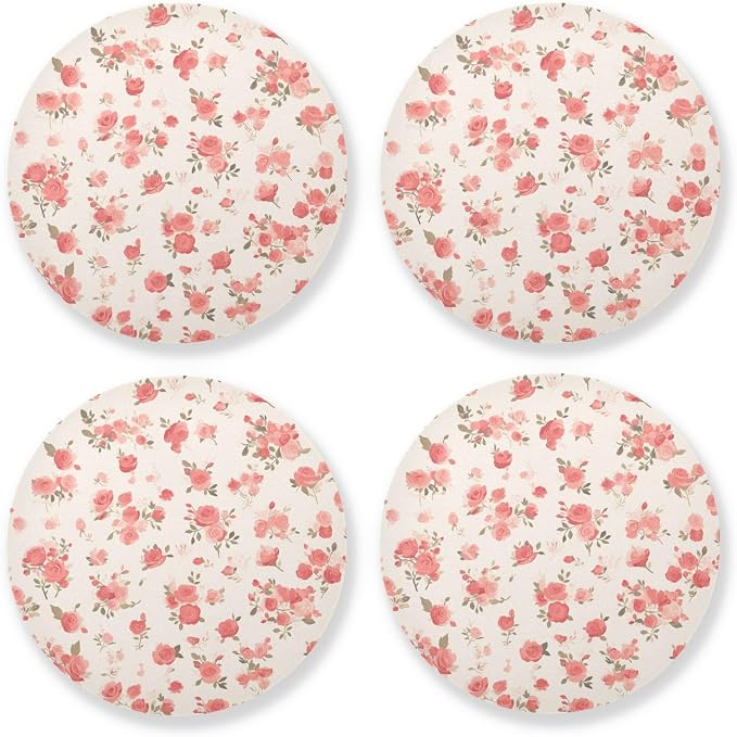 Seamless Pattern Red Roses Aesthetic Round Coaster Set of 4 Cork Tripod by KLL