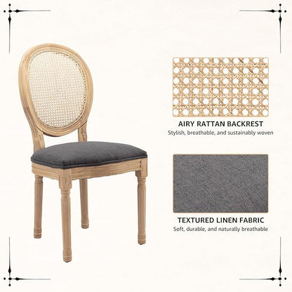 Vintage French Rattan Dining Chairs Set of 2, Solid Wood Frame with Round Rattan Back and Linen Upholstered Seat, Farmhouse Accent Sillas de Comedor Side Chairs for Dining Room & Kitchen, Gray
