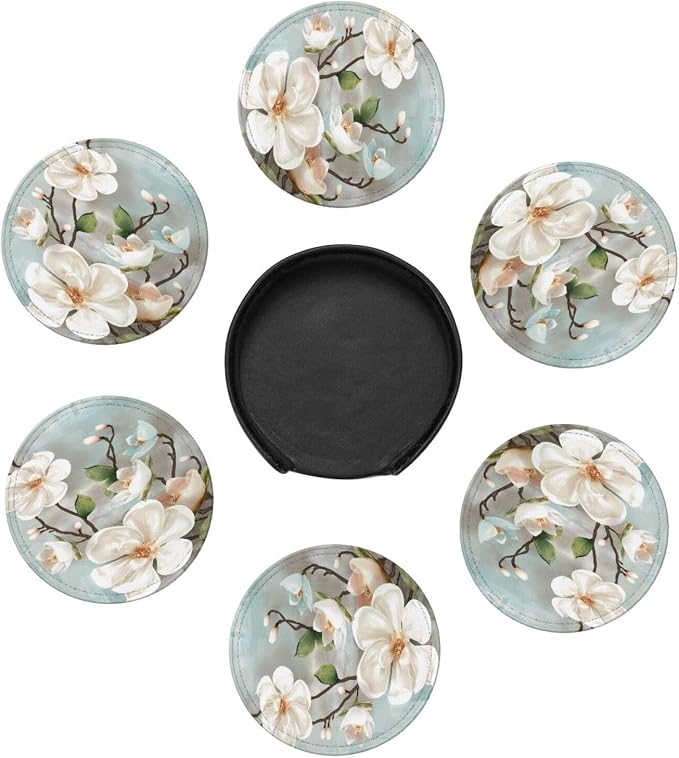 6 Pcs Spring White Blossom Magnolia Flowers Leather Coasters - Image 7
