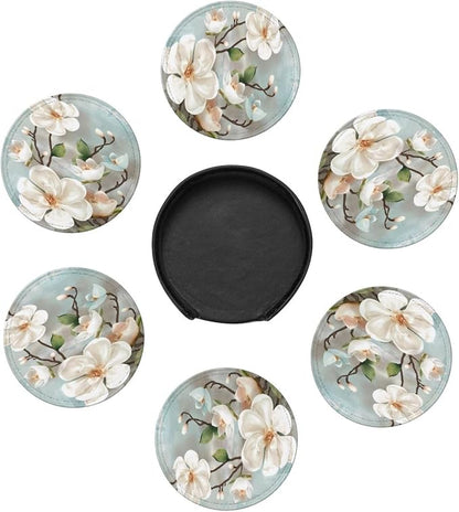 6 Pcs Spring White Blossom Magnolia Flowers Leather Coasters - Image 7