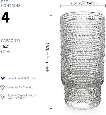 4 Pack Vintage Glassware Drinking Glasses Set, 16 oz Hobnail Glassware, Embossed Clear Water Tumbler, Cocktail Glass Cups for Kitchen and Bar, Perfect for Juice, Iced Coffee, Whiskey, Beer