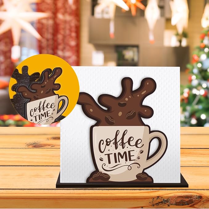 Funny Napkin Holder for Table, Cute Coffee Cup Design Wooden Napkin Dispenser - Image 6