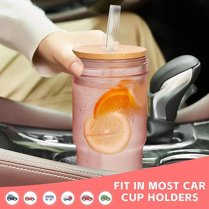 ANOTION Glass Cups with Lids and Straws, 24oz Pink Glass Tumbler Travel Coffee - Image 6