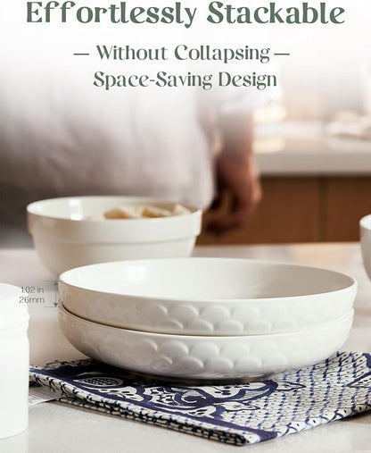 DOWAN Pasta Bowls Set of 4 for Large Portions, 54 oz Textured Motif Large Salad Serving Bowls, Ceramic Plates, White Soup Bowl for Kitchen Meal Prep, Shallow Dishes Dinner Bowl Microwave Dinnerware
