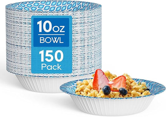 MUCHII 10 Oz Paper Bowls 150 Count Small Bowls, Blue Printed Soak Proof Disposable Bowls for Snacks, Dessert, And Light Lunch Meals