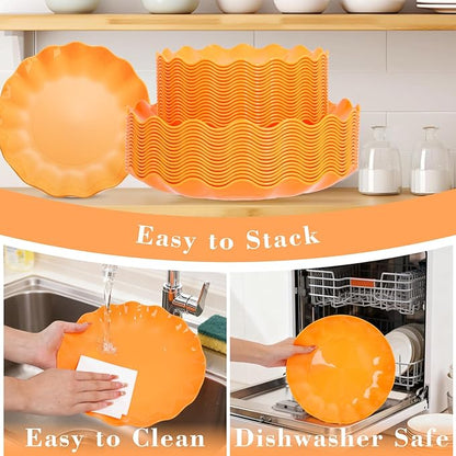 LIYH 50 Pcs Orange Scalloped Plastic Plates Heavy Duty Plates Reusable Unbreakable Plastic Plate for Party,Dishwasher Safe BPA Free (25Guests)