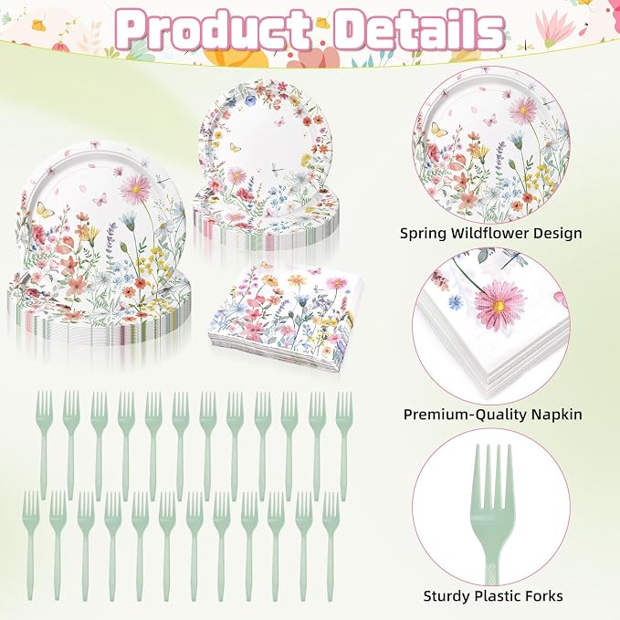 96 Pieces Spring Wildflower Floral Tableware Set – Garden Flower Disposable - Image 3