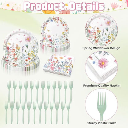 96 Pieces Spring Wildflower Floral Tableware Set – Garden Flower Disposable - Image 3