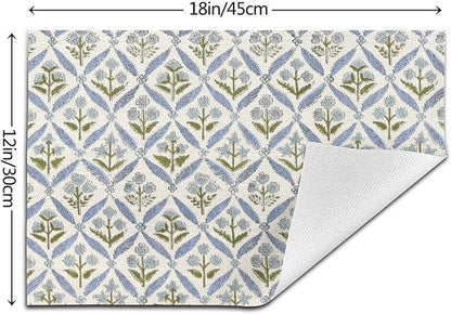 Block Print Floral Placemats 12x18 Inches Set of 4, Boho Blue Flower Decorative Modern Rectangle Table Mats for Party, Home Kitchen,Dining Table Decoration