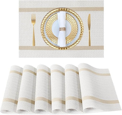 FAVE Placemats Set of 12 White Placemats Woven with Golden Thread Vinyl Place Mats Heat Resistant Table Mats Set of 12 for Wedding, Banquet, Birthday, Party, Restaurant(White, 12"x18"-12PCS)