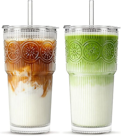 INSETLAN 20oz Ribbed & Floral Glass Tumblers by INSETLAN