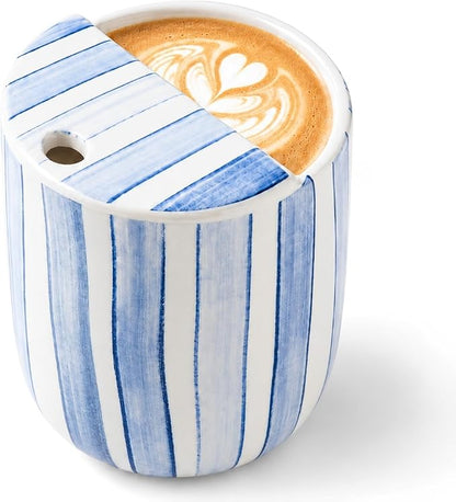 Ceramic Mug with Sip Hole 10 oz Novelty Blue Striped Ceramic Ice Coffee Mug by Ferrochef