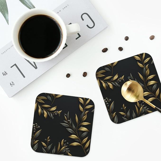4Pcs Leather Coaster for Drinks Golden Olive Branch Cup Coasters Aesthetic - Image 8
