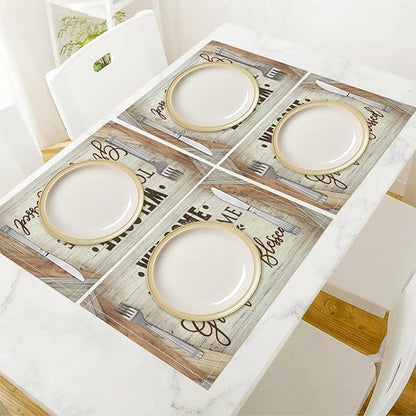 Vintage Farmhouse Placemat Set, Beige White Rustic Wooden Plank Patchwork Welcome Home Letter Inspirational Quotes Pattern Home Decor Linen Table Mats for Dining Room Kitchen Party (17x12in) x2P