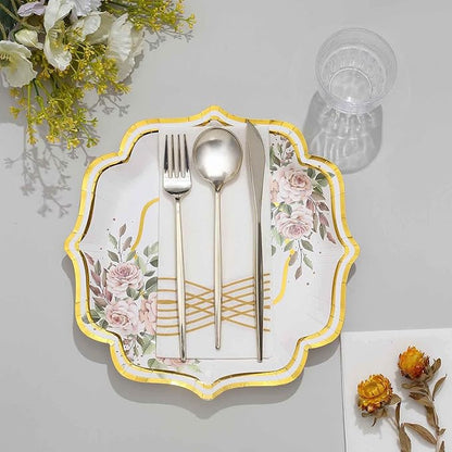 50 Pack 10" White/Gold Floral Print Scallop Rim Dinner Plates, Disposable Round Paper Party Plates 300 GSM for Festive Table Decoration