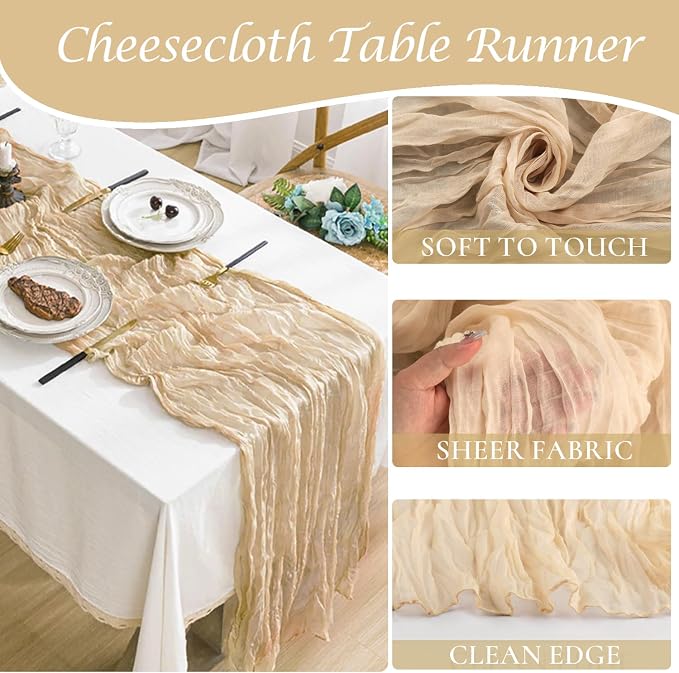 Champagne Cheesecloth Table Runner 35x120 Inches, Summer Cheese Cloth Table - Image 2