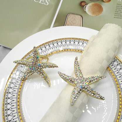 Crystal Starfish Napkin Rings Set of 12 - Rhinestone Coastal Nautical Napkin Ring Holders for Wedding Party, Beach/OceanTheme Dining Table Decoration Accessories (12)