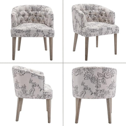 Mid-Century Modern Dining Chairs Set of 6, Tufted Upholstered Linen Dining Room Chairs with Wooden Legs, Floral Pattern