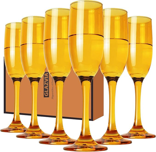 Champagne Flutes Glasses Set of 6-6oz Elegant Amber Glass, Unique Amber Colored Long Stem Champagne Flute Gift for Wedding, Anniversaries, Parties, Birthday, Restaurant, Home Bar
