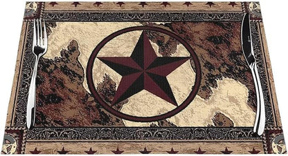 Western Texas Star Placemats Set of 6 Rustic Vintage Country Brown Wood Wipeable Table Mats Reusable Washable PVC Rectangle Place Mats for Kitchen Dining Home Decor 12x18 Inches