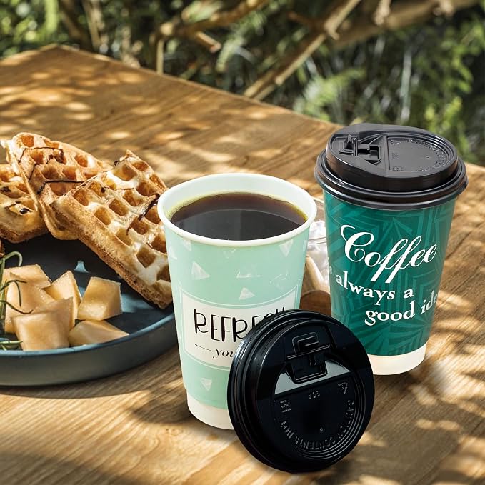 Disposable Coffee Cups with Lids 16 oz, 50 Pack Double-Walled Fun Designs - Image 3