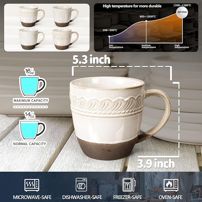 Artena Ceramic Coffee Mugs Set of 4, 16oz Embossed Large Latte Mugs Coffee Cups - Image 2