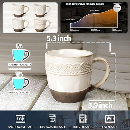 Artena Ceramic Coffee Mugs Set of 4, 16oz Embossed Large Latte Mugs Coffee Cups - Image 2