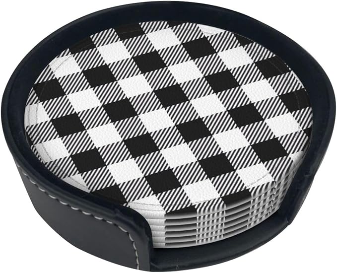 6 Pcs Black and White Buffalo Check Plaids Leather Coasters - Image 2