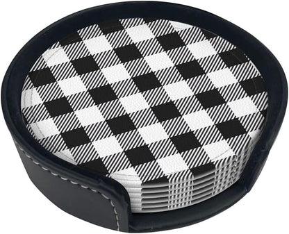 6 Pcs Black and White Buffalo Check Plaids Leather Coasters - Image 2