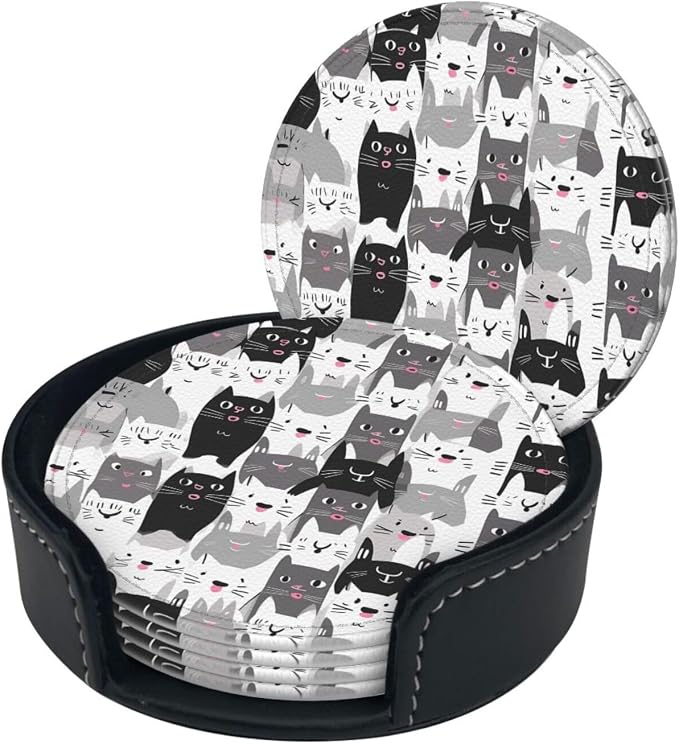 Cartoon Cute Cat Kitten Leather Coasters Set of 6 - Image 6