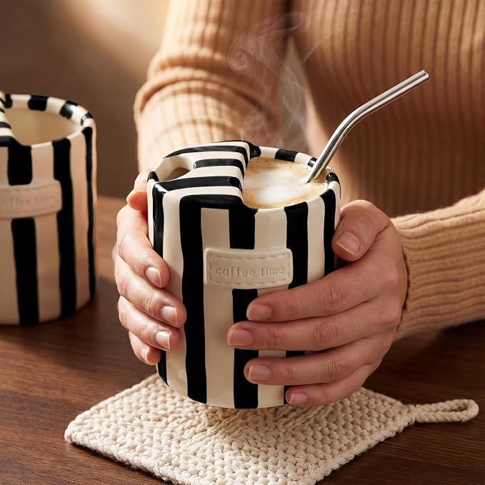 10oz Ceramic Coffee Mug with Sip Hole, Striped Espresso Cups - Image 6