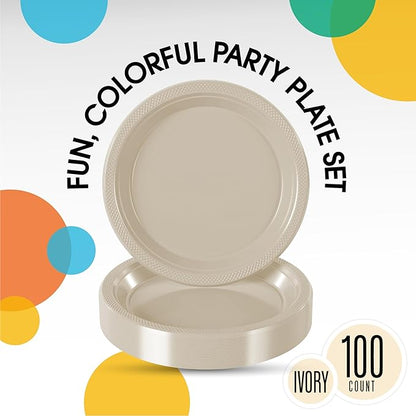 Ivory Plastic Plates For Party 10" Ivory Disposable Plates Heavy Duty 100 Pcs Plastic Dinnerware Sets Heavy Duty 350 GSM Disposable Dinnerware Set