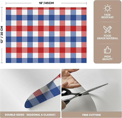 Artoid Mode Buffalo Plaid Vinyl Placemats Set of 4, 12x18 Inch Washable Non-Slip Heat Resistant Plastic Place Mats for Party Dining Table, Blue/Red